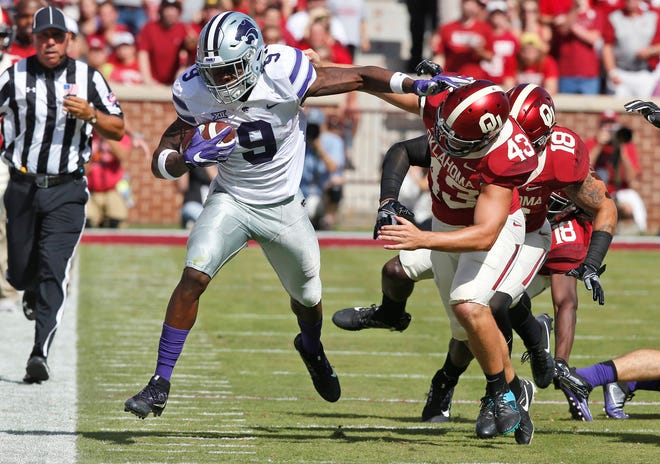 Kansas State wide receiver Byron Pringle, left, had 631 yards receiving and four touchdowns last season for the Wildcats. (AP Photo/Sue Ogrocki)