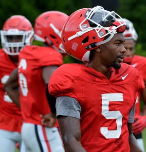 Georgia receiver Terry Godwin (5) during the Bulldogs’ session on fhe Woodruff Practice Fields in Athens, Ga., on Monday, Aug. 7, 2017. (Steven Colquitt/UGA)