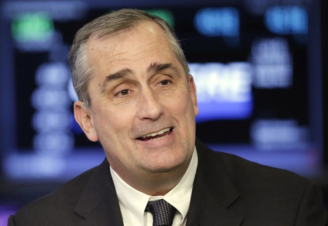 FILE - In this March 13, 2017, file photo, Intel CEO Brian Krzanich is interviewed on the floor of the New York Stock Exchange. Fallout from President Donald Trump's reaction to violent, racial clashes in Virginia over the weekend continued in the business community. Krzanich resigned from a federal panel created years ago to advise the U.S. president.  (AP Photo/Richard Drew)