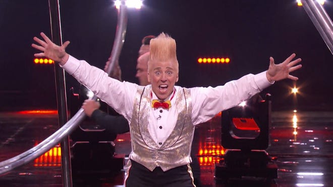 Bello Nock mouths "I did it!" triumphantly after finishing his wheel of death act on "America's Got Talent" Tuesday night, after he was brought back as a wildcard entry. Despite the danger inherent in his stunt, he was again eliminated Wednesday. [SCREENSHOT FROM NBC.COM]