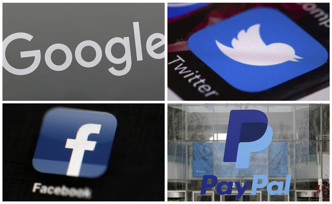 This photo combo of images shows, clockwise, from upper left: a Google sign at a store in Hialeah, Fla., the Twitter app displayed on a smartphone, PayPal headquarters in San Jose, Calif., and the Facebook app displayed on an iPad. It took a violent rally to get tech companies, such as these and others, to do what civil rights groups have been calling for for years: take a firmer stand against accounts used to promote hate and violence. (AP Photo)
