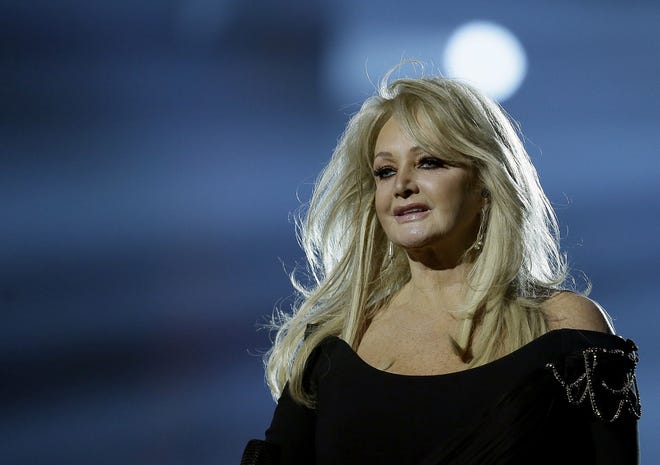 FILE - In this May 17, 2013, file photo, Bonnie Tyler performs her song "Believe in Me" during a rehearsal for the final of the Eurovision Song Contest at the Malmo Arena in Malmo, Sweden. Royal Caribbean announced on Aug. 16, 2017, that Tyler will perform her hit þÄúTotal Eclipse of the HeartþÄù at sea on the day of the total eclipse Monday during a "Total Eclipse Cruise." (AP Photo/Alastair Grant, File)