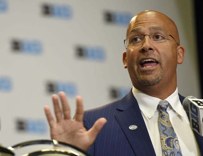 Penn State head coach James Franklin speaks at the Big Ten conference in Chicago in July. Franklin has signed a contract extension that guarantees him $34.7 million through 2022, the school announced Friday. [AP Photo/G-Jun Yam]