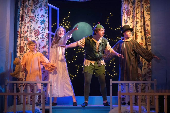 Henry Cramer as Michael, Grace Barrett as Wendy, Jacobus Kwaak as Peter Pan, and Charles Barrett as John in the Cape Cod Theatre Company production. [PHOTO COURTESY OF NICHOLE GOWAN]