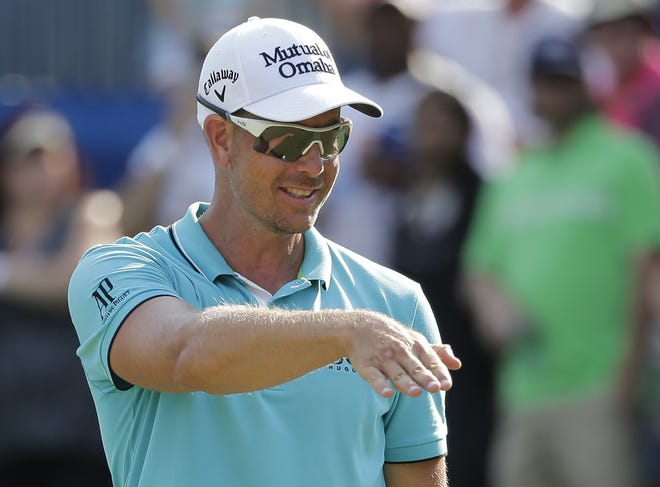 Henrik Stenson reacts to his putt on the 15th hole during the third round of the Wyndham Championship golf tournament in Greensboro, N.C., Saturday, Aug. 19, 2017. (AP Photo/Chuck Burton)