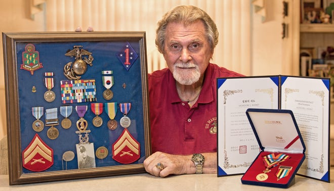 Salvatore Naimo, seen here in July, served as a Marine rifleman during the Korean War. In 2016, his former company commander submitted Naimo for the Navy Cross. He has yet to receive the medal. [Herald-Tribune archive / Thomas Bender]