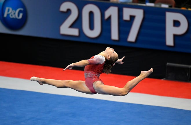 Ragan Smith competes on the floor exercise during the women's opening round at the U.S. gymnastics championships, Friday, Aug. 18, 2017, in Anaheim, Calif. (AP Photo/Mark J. Terrill)
