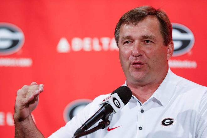 Georgia NCAA college football coach Kirby Smart gestures while speaking to the media on Fan Day in Athens, Ga., Saturday, August 5, 2017. (Photo/Joshua L. Jones, Athens Banner-Herald)