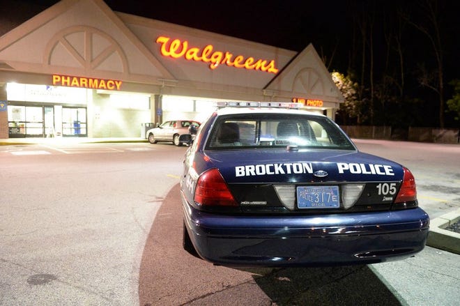 A July 2017 file photo shows a Brockton police cruiser outside Walgreens on Pleasant Street.