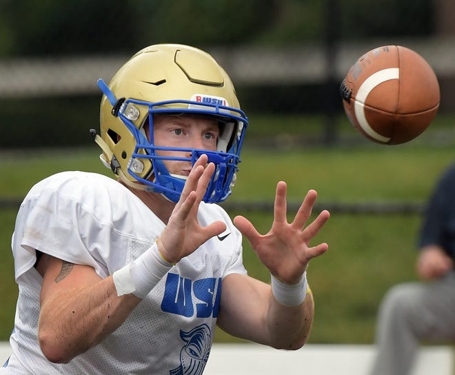 Wide receiver Dan Orlando of Westboro practices with the Worcester State University football team last week. [T&G Staff/Rick Cinclair]