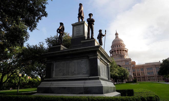 In this Monday, Aug. 21, 2017, photo, the Texas State Capitol Confederate Monument stands on the south lawn in Austin, Texas. The Civil War lessons taught to American students often depend on where the classroom is, with schools presenting accounts of the conflict that vary from state to state and even district to district. (AP Photo/Eric Gay)