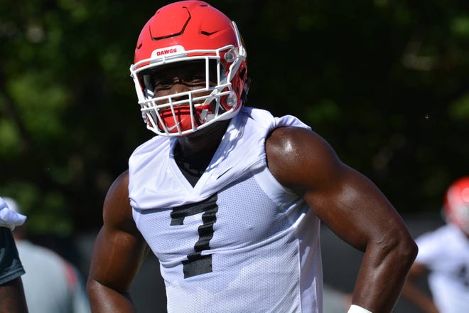 Georgia outside linebacker Lorenzo Carter (7) during the Bulldogs’ session on the Woodruff Practice Fields in Athens, Ga., on Monday, July 31, 2017. (Steven Colquitt/UGA)