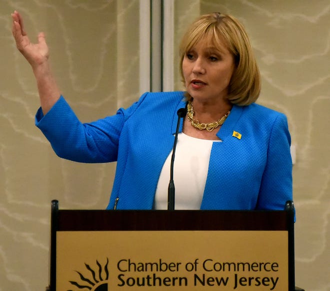 Lt. Gov. Kim Guadagno, who is running for governor in the November election, speaks at a forum on economics with the Chamber of Commerce of Southern New Jersey, on Tuesday, Aug. 15, 2017, at the Westin in Mount laurel.