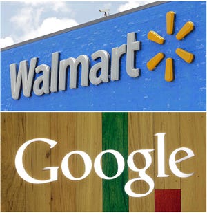 FILE- In this combo of file photos shows, a Google sign at a store on Aug. 7, 2017, in Hialeah, Fla., bottom, and a Walmart sign on June 1, 2017, in Hialeah Gardens, Fla. Walmart, the world’s largest retailer, said Wednesday, Aug. 23, that it’s working with Google to offer hundreds of thousands of items from laundry detergent to Legos for voice shopping through Google Assistant. The capability will be available in late September. (AP Photo/Alan Diaz, File)