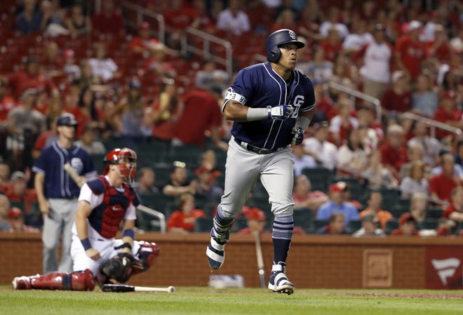 Padres' Yangervis Solarte rounds the bases after hitting a two-run home run against St. Louis on Tuesday. [Jeff Roberson/The Associated Press]