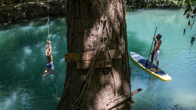 Josh Simpson watches as Dane Adamson swings from a rope attached to the Stokes Oak, whose branches extend over 40 feet above the San Marcos River, in San Marcos on July 27. The massive tree holds a rope swing as well as a swinging chair, multiple wooden platforms and even a barbecue grill. TAMIR KALIFA/ AMERICAN-STATESMAN