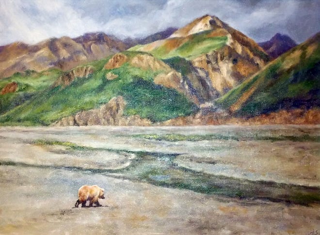 Jan Lutz's "Grizzly Bear," depicting Alaska's Denali National Park and Preserve, on display at Kelly Run Gallery's "Travels in the Americas." [KAREN RENE MERKLE/CONTRIBUTED PHOTOS]
