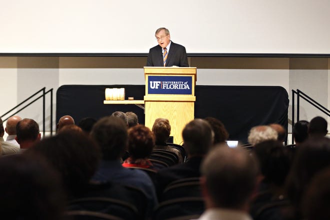 University of Florida President Kent Fuchs discusses some of his upcoming goals during his State of the University speech at the Reitz Union Rion Ballroom Thursday. [Andrea Cornejo/Staff photographer]