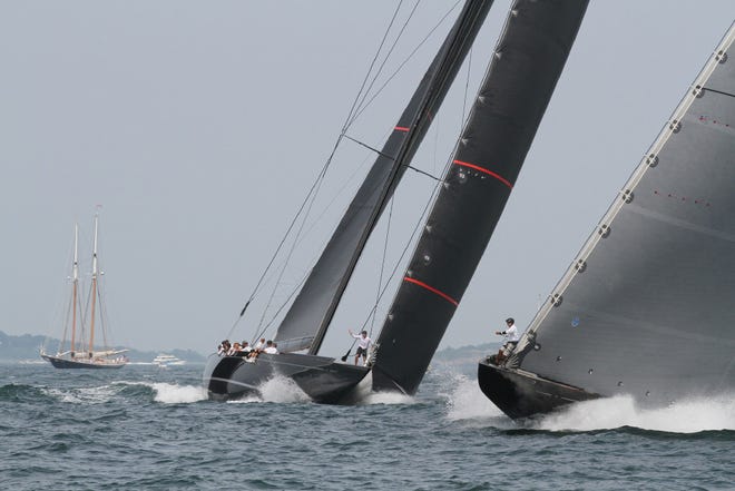 Lionheart, right, of the Netherlands, practices against the U.S. boat Svea last Monday off Newport. On Saturday, Lionhart captured the J Class World Championship, edging another boat, the Hanuman, by three points.
