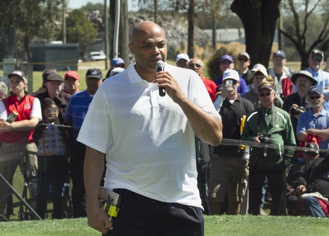 FILE PHOTO: Former professional basketball player and sports broadcaster Charles Barkley addresses the crowd during the 11th Annual Barkley, Bean, Bryant and Friends Celebrity Skins Game at The First Tee of Lakeland Friday. February 26, 2016