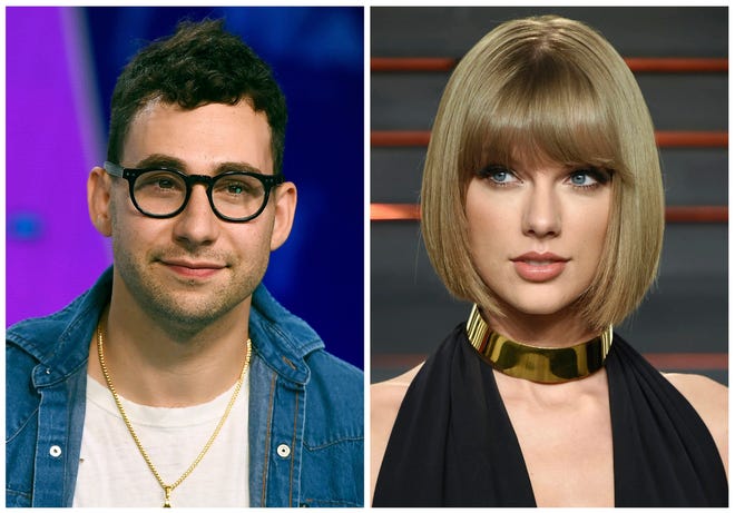In this combination photo, music producer Jack Antonoff appears at the MTV Video Music Awards on Aug. 27, 2017, left, and Taylor Swift attends the Vanity Fair Fair Oscar Party in Beverly Hills, Calif. on Feb. 28, 2016. Antonoff is keeping quiet about who Swift is singing about in her new song, “Look What You Made Me Do.” Antonoff co-wrote and co-produced the song that is rumored to be about Kanye West. (Photos by Jordan Strauss, left, and Evan Agostini/Invision/AP, File)