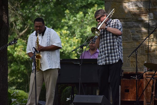 Vincent Herring on saxophone and Conrad Herwig on trombone, with Jared Gold on organ, perform at Renfrew Institute’s 26th annual Jazz Festival at Renfrew Park in Waynesboro.