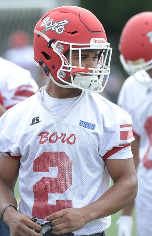 Edinboro University wide receiver Ta'Nauz Gregory practices with his teammates Aug. 10 at Sox Harrison Stadium in Edinboro. The Fighting Scots open the season Saturday at home against Lake Erie. [JACK HANRAHAN/ERIE TIMES-NEWS]