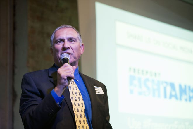 Wally Haas welcomes the crowd Wednesday, Oct. 26, 2016, during the Freeport Fish Tank at The Wagner House in Freeport. [THE JOURNAL-STANDARD FILE PHOTO]