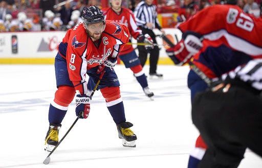In this photo taken April 29, 2017, Washington Capitals left wing Alex Ovechkin (8), of Russia, looks on during the second period of Game 2 in an NHL hockey Stanley Cup second-round playoff series against the Pittsburgh Penguins, in Washington. The Russian superstar skated in an informal practice Tuesday, Aug. 29, 2017, and looked like he wasn’t as heavy as when he played at 239 pounds last season. If that’s indeed the case, Ovechkin took to heart the challenge from general manager Brian MacLellan to train differently and add more speed to his game as he’s about to turn 32. (AP Photo/Nick Wass)