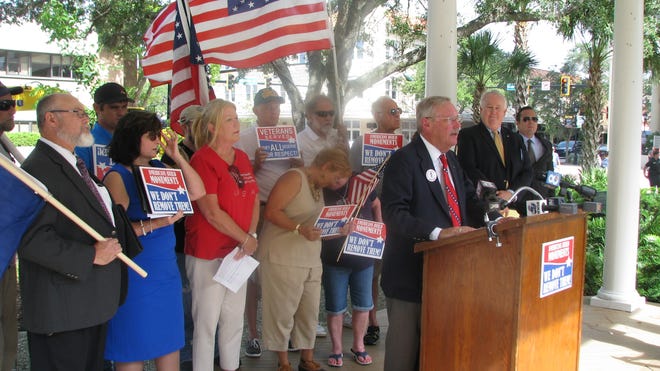 At an Aug. 29, 2017, media conference, David McCallister of Sons of Confederate Veterans says the "radical left" pushed for the removal of a memorial to Confederate soldiers from the grounds of the Manatee County courthouse. [STAFF PHOTO / DALE WHITE]