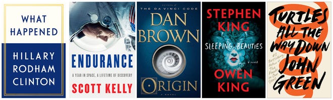 This combination photo shows upcoming releases, from left, “What Happened,” by Hillary Rodham Clinton, from Simon & Schuster, Endurance: A Year in Space, A Lifetime of Discovery,” by Scott Kelly, from Knopf, “Origin,” a novel by Dan Brown from Doubleday, Sleeping Beauties,” a novel by Stephen King and Owen King from Scribner and “Turtles All the Way Down.” by John Green from Penguin. (AP Photo)
