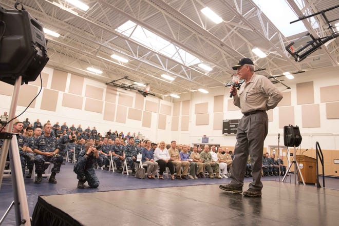Secretary of the Navy (SECNAV) Richard V. Spencer delivers remarks at an all hands call with Sailors at Naval Station Mayport. Spencer is in the area to meet with Sailors and hear their feedback for the future of the Navy.