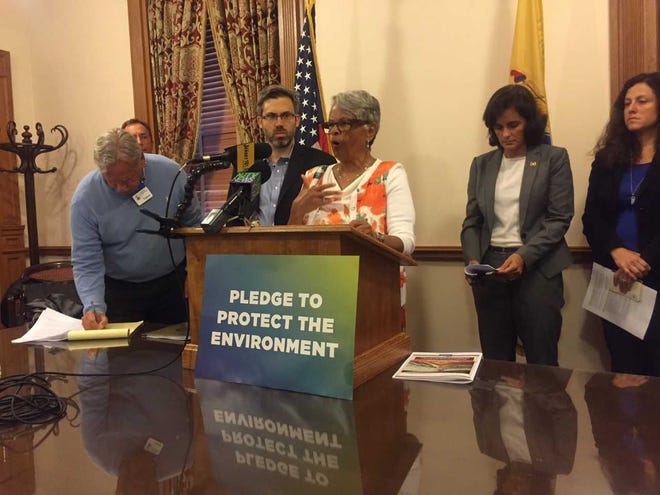 U.S. Rep. Bonnie Watson Coleman, D-12th of Ewing, speaks at a news conference at the Statehouse in Trenton on Tuesday, Aug. 29, 2017, to oppose proposed funding cuts to the U.S. Department of Environmental Protection Agency. She was joined by leaders from several New Jersey environmental groups.