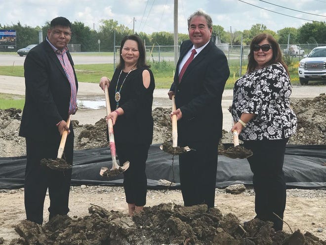 Osage Nation Principal Chief Geoffrey Standing Bear, Osage Nation Congress members Alice Buffalohead and Otto Hamilton and Bruce Cass, Osage Nation Tribal Development Director, participate in the groundbreaking of the WIC Clinic in North Tulsa. Osage Nation