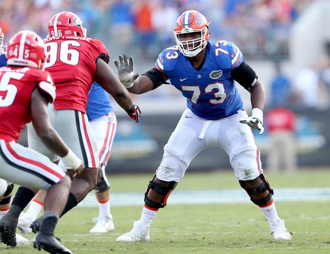 Florida Gators offensive lineman Martez Ivey (73) plays against the Georgia Bulldogs during the first half on Oct. 29, 2016 in Jacksonville. Florida defeated Georgia 24-10. [FILE PHOTO]