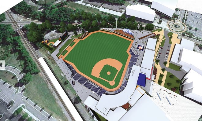 Ground has been broken for a downtown stadium in Fayetteville that will be flanked by several elements of a private investment group. This image is from the city's website, a rendering of a final schematic. [Contributed photo]