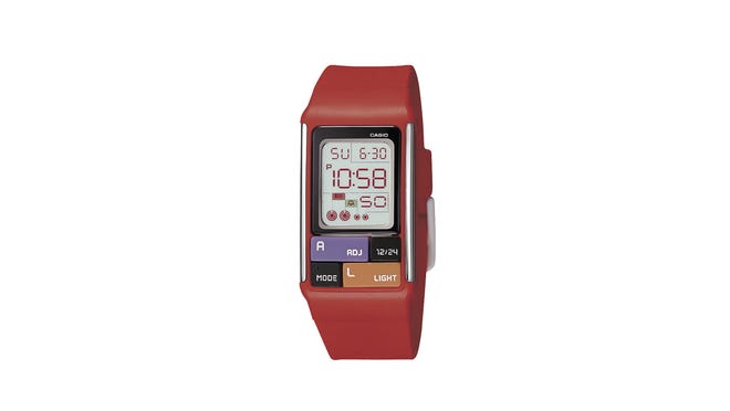 A playful red watch to add a pop of color to your uniform. It's water resistant and has a 1/100th second stopwatch, $29.95, casio.com . (Casio)