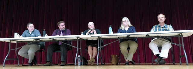 Boone school board candidates answered questions from the public during the Aug. 24 KWBG forum. From left to right: Jeremy Pritchard, Daniel Wojcik, Marti Melton-Streeter, April Burch and incumbent Brian Mehlhaus. Linda Williamson was unable to attend. Photo by Gena Johnson/Boone News-Republican