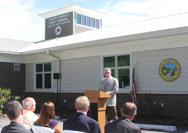 N.C. Department of Transportation Ferry Division Director Harold B. Thomas delivers remarks during the new Cherry Branch Ferry Terminal and administrative offices dedication ceremony held Aug. 31 in Cherry Branch. [Mike McHugh/The Daily News]
