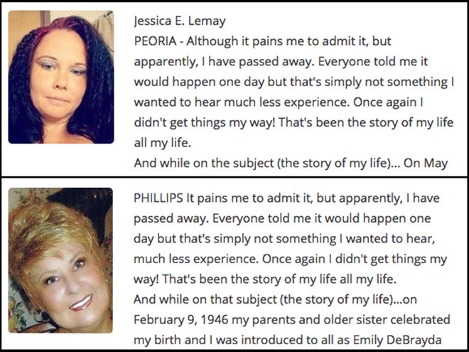 Jessica E. Lemay's obituary, top, from Aug. 29-30, 2017, in the Journal Star and Emily Debrayda Phillips' obituary from March 31, 2015, in the Florida Times-Union in Jacksonville.