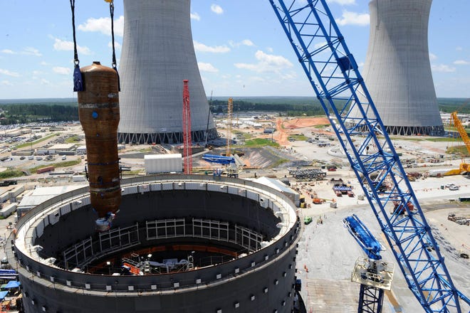 A 1.4 million-pound steam generator being installed on the unit 3 nuclear reactor at Vogtle. Georgia Power wants to finish two new nuclear reactors at Plant Vogtle that will come online in November 2021 and November 2022 at a total cost of $19 billion.