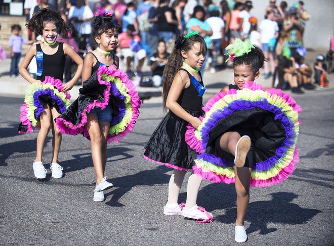 CHIEFTAIN PHOTO/JOHN JAQUES Members of Connie's School of Dance dance their way down Abriendo Avenue Saturday during the 2017 Colorado State Fair Kids Parade.