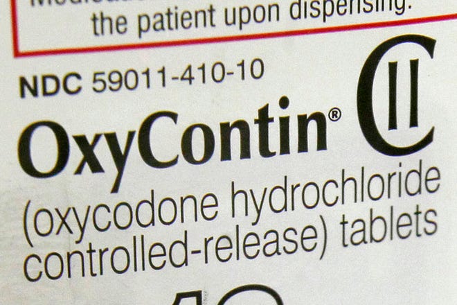 This Feb. 19, 2013 photo, shows a portion of the label for OxyContin pills in Montpelier, Vt. 
AP Photo/Toby Talbot, File