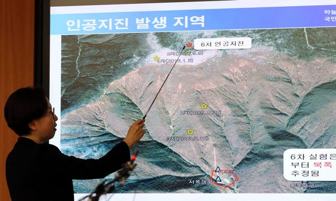 Earthquake and Volcano of the Korea Meteorological Administration Director Lee Mi-seon briefs to the media about artificial earthquake in North Korea, in Seoul, South Korea, Sunday, Sept. 3, 2017. North Korea likely conducted its sixth nuclear test Sunday, South Korea's military said after detecting a strong earthquake near the North's main nuclear test site.