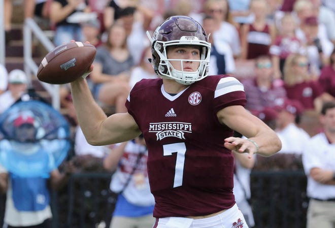 Mississippi State quarterback Nick Fitzgerald, a Richmond Hill High School graduate, prepares to pass during the first half of a game against Charleston Southern. Fitzgerald accounted for three TDs in Saturday’s win. (Jim Lytle/AP Photo)