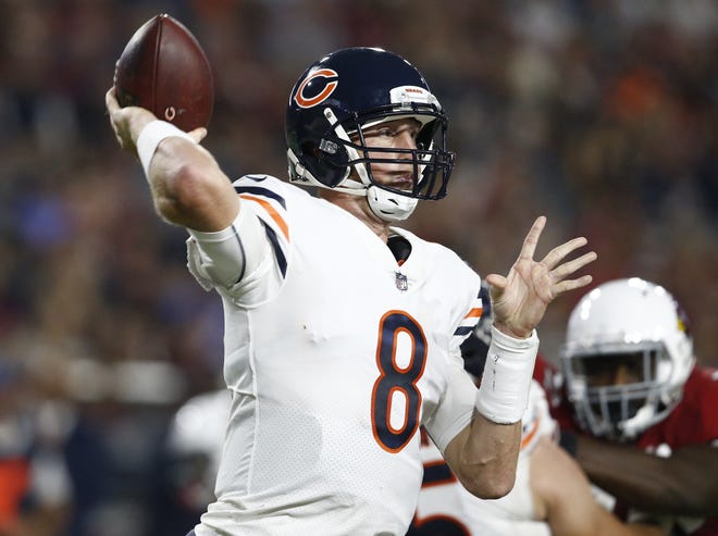 Chicago Bears quarterback Mike Glennon throws against the Arizona Cardinals during the first half of a preseason game on Aug. 19 in Glendale, Ariz. Glennon comes into the season as the starter, though the question remains how long will it take before Mitch Trubisky takes his spot. [AP Photo/Ross D. Franklin]