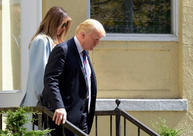 President Donald Trump and first lady Melania Trump leave after attending services at St. John's Church in Washington, Sunday, Sept. 3, 2017. The president last week named today a National Day of Prayer for victims of Hurricane Harvey. (AP Photo/Susan Walsh)