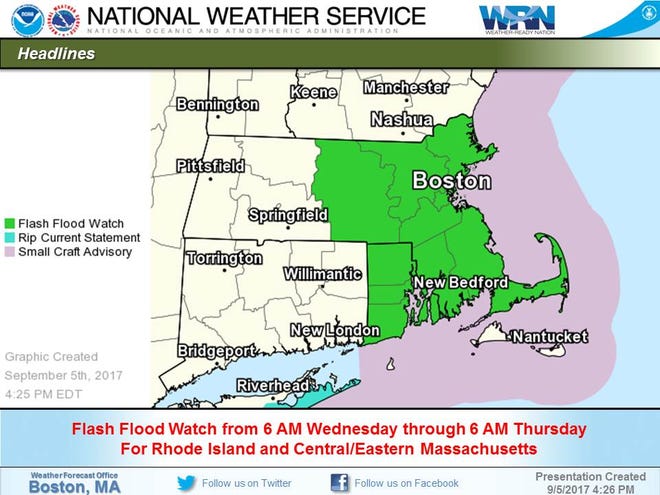 A flash flood watch is in effect for Cape Cod from 6 a.m. Wednesday for 24 hours.