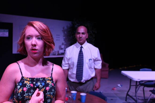 Now 27, Una (Melissa Miller) tells Ray (Bob Chanda) what has happened to her since they were in a relationship 15 years earlier. The scene is from the award-winning David Harrower drama “Blackbird,” being staged by Hub Theatre group. (Photo provided by Madelynn Engle.)