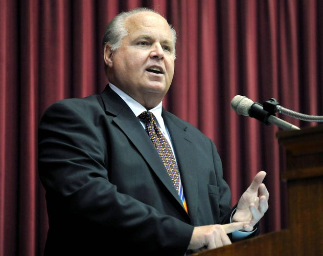 This May 14, 2012 file photo shows conservative commentator Rush Limbaugh speaking during a ceremony inducting him into the Hall of Famous Missourians in the state Capitol in Jefferson City, Mo. Limbaugh has created a storm of his own by suggesting that the “panic” caused by Hurricane Irma benefits retailers, the media and politicians who are seeking action on climate change. Al Roker, the “Today” show weatherman, said on Wednesday, Sept. 6, 2017, that Limbaugh was putting people’s lives at risk. (AP Photo/Julie Smith, File)